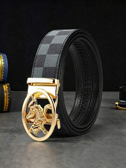 Men's High-End Automatic Ratchet Buckle Leather Belt, Fashion Checkered Pattern With Horse Hollow-Out Buckle, Business & Casual Dual-Use Formal Belt. Adjustable Scratch-Resistant Alloy Buckle Waist Strap, Perfect For Work, Daily Wear, Parties & Anniversary Gifting. A Designer Men's Belt That Complements All Formal & Casual Outfits.