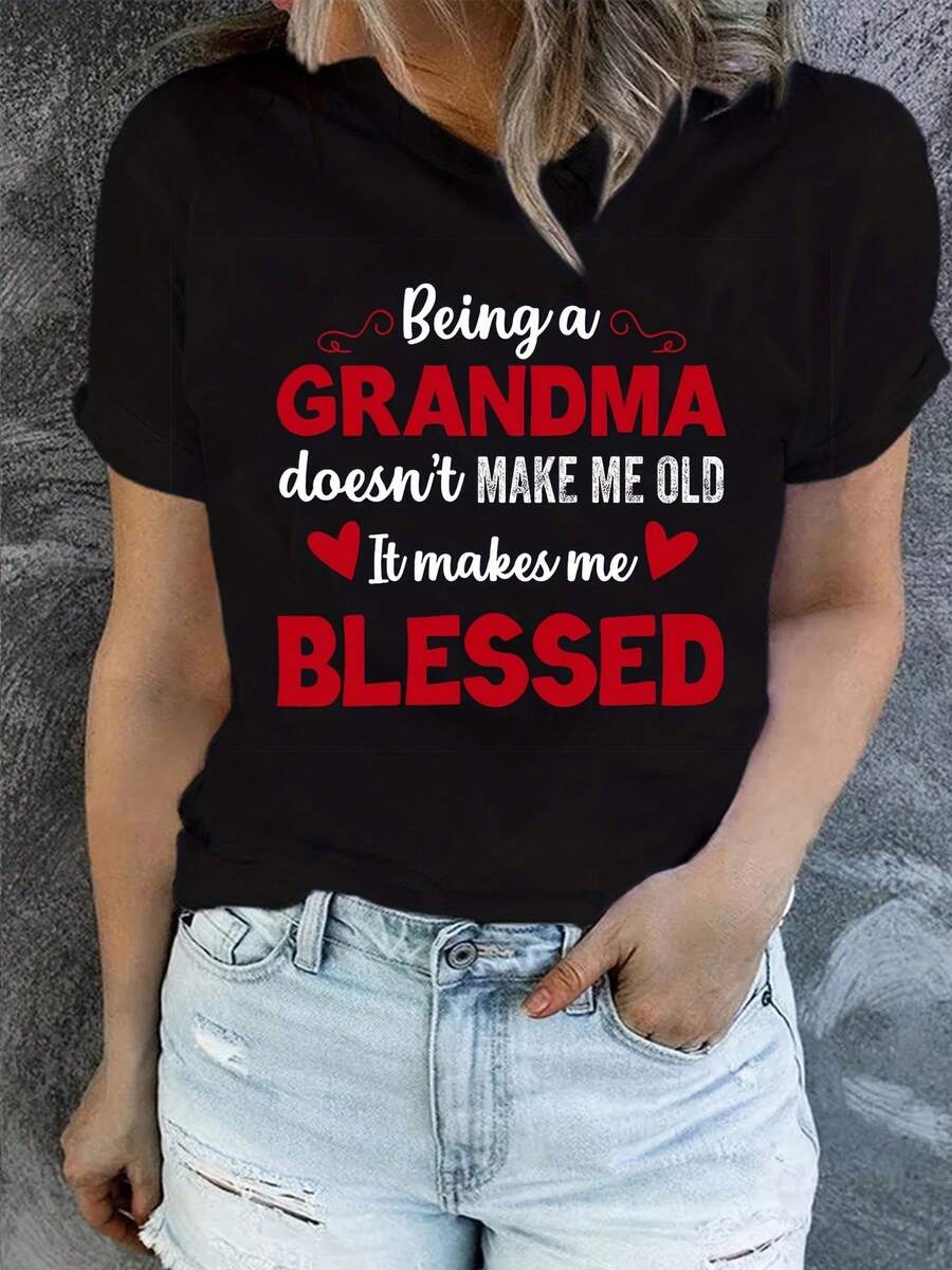 Camiseta con estampado "Abuela Bendita", top casual de manga corta y cuello redondo para el Día de la Madre, adecuada para usar en primavera y verano, ropa de mujer. - Negro - Ver 1