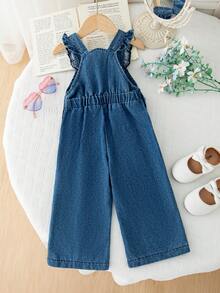 Bộ áo liền quần denim ống đứng màu xanh dương xếp bèo họa tiết trái tim dễ thương, thời trang cho bé gái mùa hè - Màu xanh lam - Xem 3