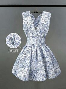 Vestido elegante romántico y sexy de mujer para invitada de boda, vestido mini de línea A con cuello en V cruzado, sin mangas, diseño versátil para playa, fiesta, primavera/verano con bolsillo, vestido de noche con espalda descubierta, color amar - Azul y blanco - Ver 9