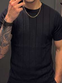 Men's Ribbed Crew Neck Short Sleeve Knit Sweater, Spring/Summer - Black - View 4
