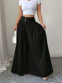 Nuevos pantalones anchos de mujer de estilo casual y elegante con diseño de hebilla floral, pantalones largos de lino de color caqui adecuados para primavera/verano, Acción de Gracias, Halloween, pantalones anchos y sueltos versátiles, pantalones palazzo, pantalones anchos negros, pantalones casuales de mujer - Negro - Ver 6