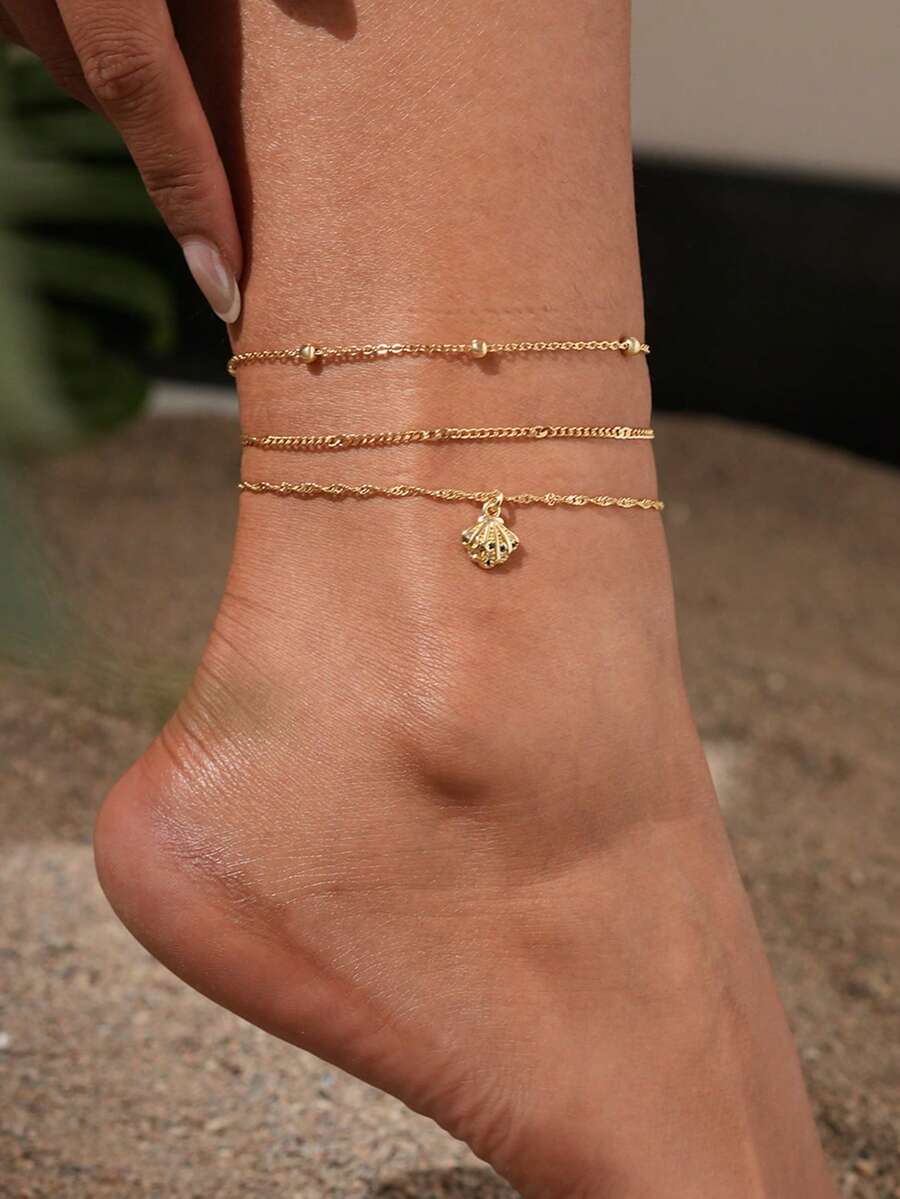 3pcs/Set Women Anklet Set, Bohemian Summer Beach Resort Stacking Style, Includes Golden Plated Round Bead Chain, Curb Chain, Wave Chain, Copper Inlaid Zirconia Shell Pendant Ocean Series Multi-Layer Anklet Accessories Gift - Yellow Gold - View 1