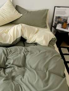 New Solid Color Patchwork Nordic Style Simple Polyester Duvet Cover 3 Pieces Set - Olive Green - View 3