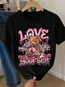 1 Piece, New Summer 2026, Women's Short Sleeve Round Neck T-Shirt, Teddy Bear Print And LOVE Letters In Cool Pink, Women's Sports T-Shirt, Suitable For Daily Use, Casual And Soft, 180g, 100% Cotton. - 黑色 - 查看 7