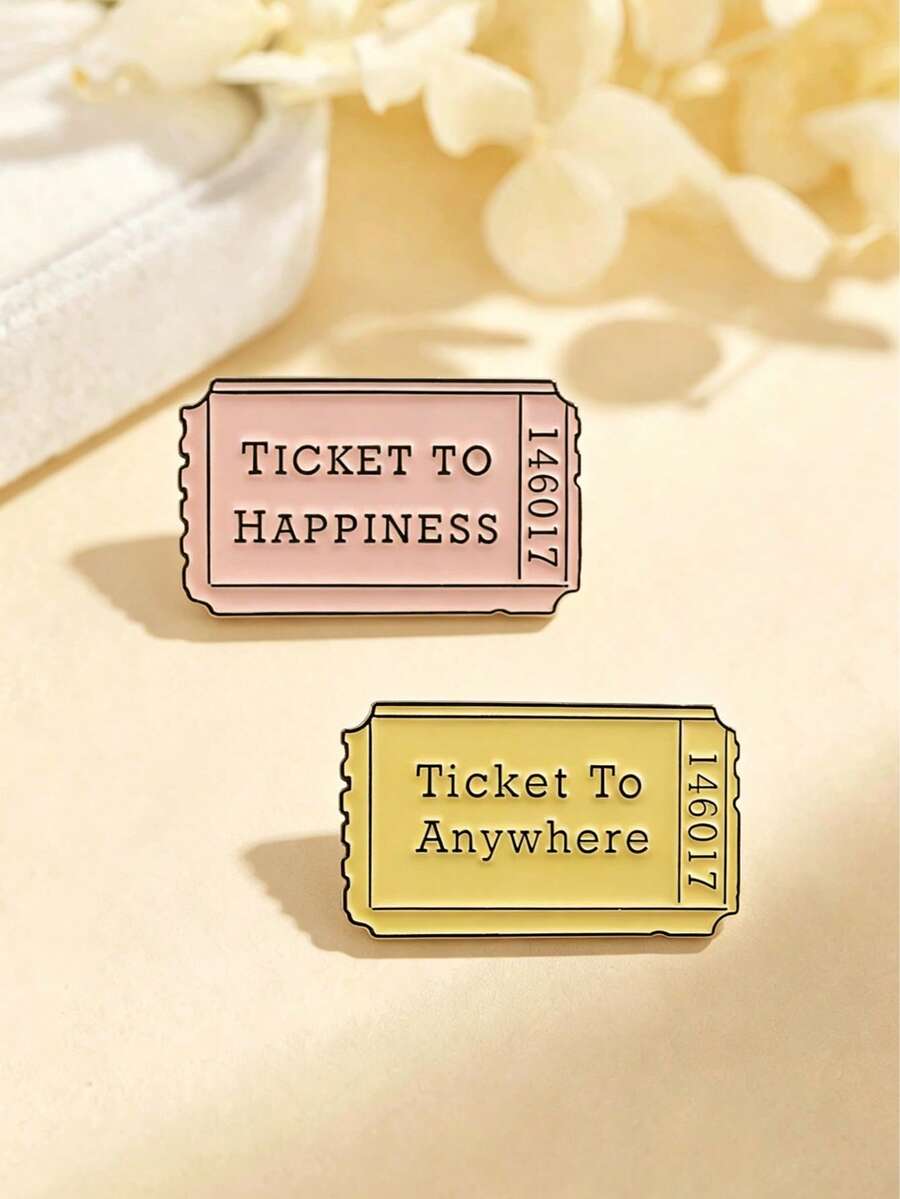 1/2pcs Artistic Ticket English Text Brooch, Petite Creative Soft Color High-Quality Accessory To Enhance Outfit, Suitable As Gift For Friends And Family With Great Atmosphere - Multicolor - View 1