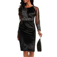 Nuevo Vestido Midi Mujer Cuello Redondo Malla Combinada Manga Larga Ajustado Elegante - Azul - Ver 8