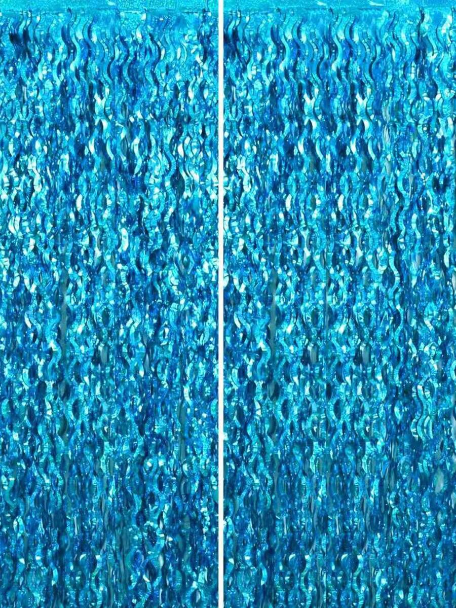 1/2/4pcs Light Blue Shiny Sequin Foil Fringe Curtain, Light Blue Wavy Fringe Curtain, Metallic Holiday Photo Backdrop Wall, Suitable For Birthday, Mermaid, Ocean, Pool, Ice And Snow Theme Party, Wedding Party Decoration Bunting - Blue - View 1