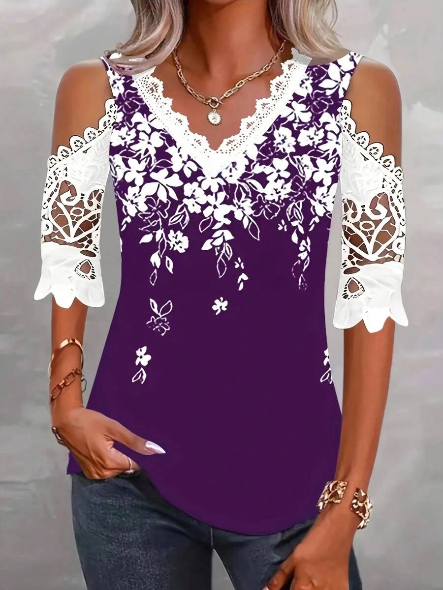Top de retazos de encaje con temperamento a la moda para mujer de talla grande con cuello en V estampado y mangas con hombros descubiertos - Trans-púrpura - Ver 1