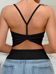Top sin mangas acanalado para usar en exteriores con sujetador acolchado incorporado, ropa de mujer con tirantes en Y retorcidos y espalda descubierta - Negro - Ver 2