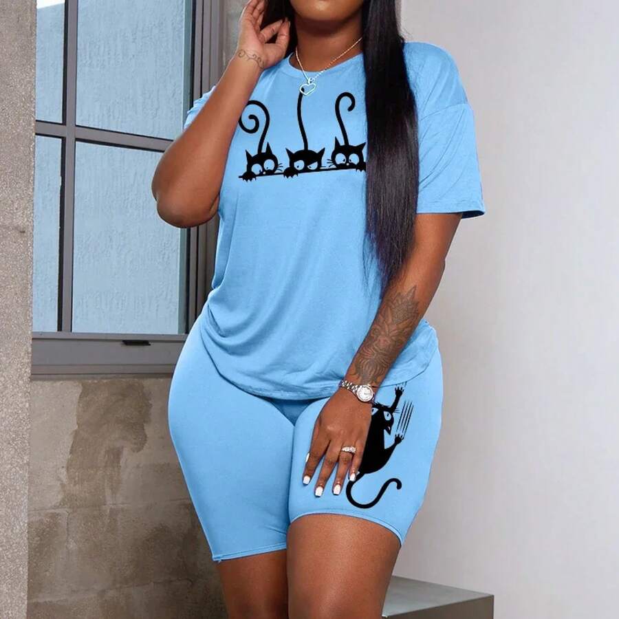 Conjunto de Dos Piezas de Ropa Casual de Verano para Mujer, Camiseta de Manga Corta con Cuello Redondo y Pantalones Cortos, Conjuntos Combinados en Oferta - Azul cielo - Ver 1