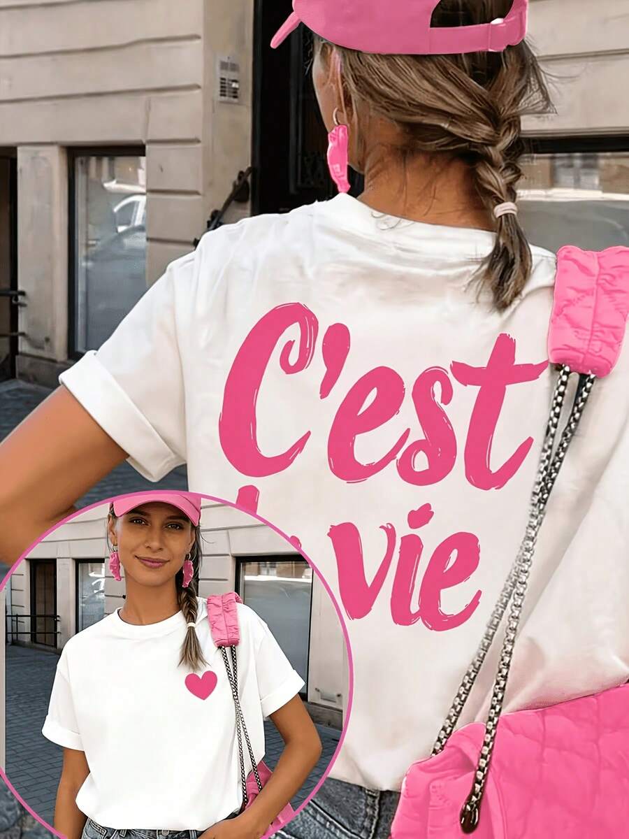 Women's Fashion Short-Sleeved T-Shirt, Printed Design On The Front And Back, European And American Letter Patterns, Round Neck Loose Fit Top, Casual, Sexy, Cute And Lovely Top For Spring And Summer, Simple Design, Fashionable T-Shirt, Suitable For Dates And Dinners.