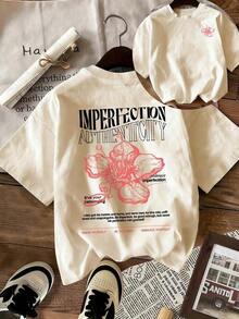 Camiseta de mujer con estilo retro estadounidense, estampado de hibisco y eslogan "Imperfect", corte holgado y silueta favorecedora, estilo artístico y curativo de manga corta, adecuada para la escuela, paseos por la ciudad y salidas casuales de primavera y verano - Estilo - Ver 7