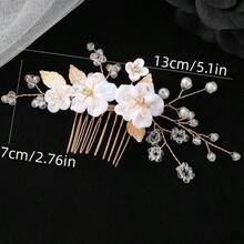 1pc Handmade Floral & Leaf Hairpin, Bridal Hair Comb Accessory For Wedding - Gold - View 10