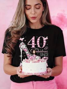 Women's Short Sleeve Cotton T-Shirt, Women's 1985 Birthday Graphic Tee - "40 & Fabulous Since" Design, Casual Short Sleeve Crew Neck Top, Lightweight, Perfect For Spring And Summer Celebrations, Ladies' T-Shirts. - 黑色 - 查看 4