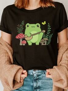 Playera de cuello redondo con estampado de rana linda, manga corta, top casual para verano y primavera, ropa de mujer - Negro - Ver 1
