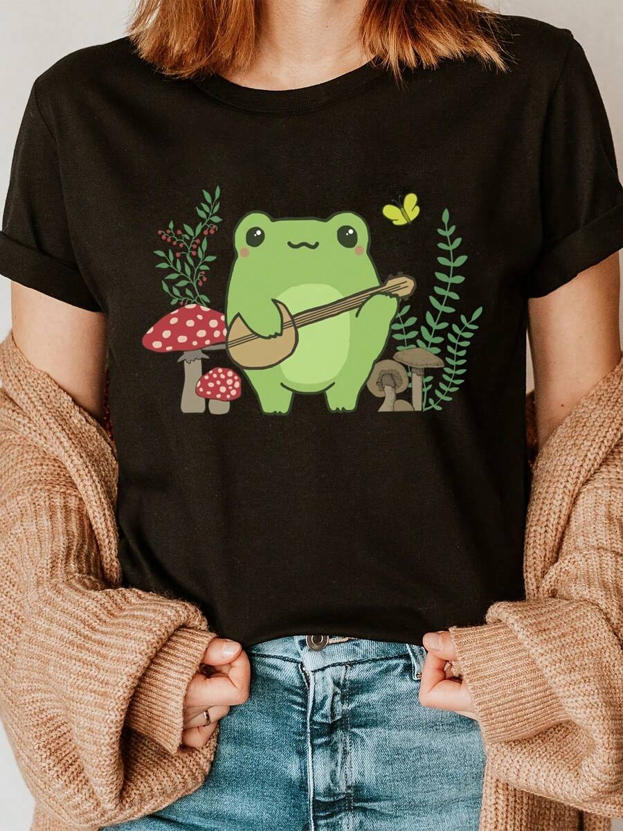 Playera de cuello redondo con estampado de rana linda, manga corta, top casual para verano y primavera, ropa de mujer - Negro - Ver 1