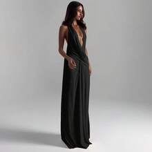 2026 New Women Solid Floor Length Dress Deep V Neck Halter Backless High Split Elegant Sexy Evening Party Maxi Dress - màu đen - Xem 3