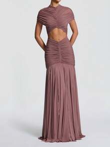 Double-Layer Mesh Elegant & Fashionable Wedding Dress, Sexy Pleated Dress - Red Bean Paste Powder - View 3