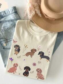 Mexican Basic Camiseta casual de mujer de cuello redondo y manga corta con estampado de perro, camisetas gráficas de uso diario para mujer para la primavera  New Launch - Albaricoque - Ver 1