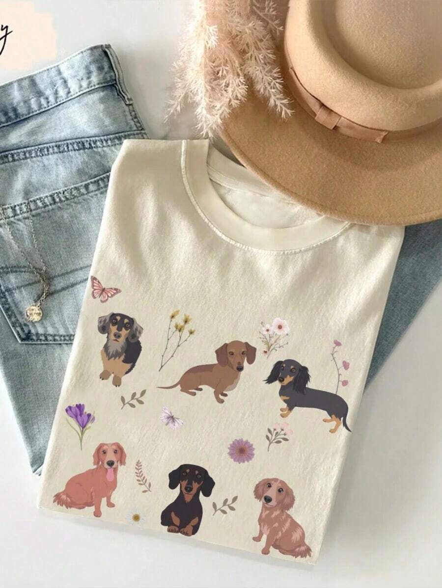 Mexican Basic Camiseta casual de mujer de cuello redondo y manga corta con estampado de perro, camisetas gráficas de uso diario para mujer para la primavera New Launch - Albaricoque - Ver 1