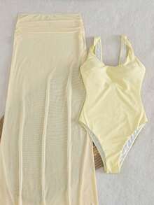 2MSX Bonvoyette Conjunto de traje de baño de 2 piezas con un bañador de un solo color con tirantes retorcidos y una falda plisada de gasa para vacaciones de primavera/verano - Amarillo claro - Ver 3