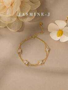 1 chiếc vòng tay bạc Sterling S925 hai lớp hình cỏ bốn lá dành cho nữ, trang sức bạc nguyên chất đính hạt vàng, vòng tay cỏ bốn lá cổ điển, không gây dị ứng, tối giản, cao cấp, thanh lịch dành cho nữ, độc đáo, phù hợp để đeo hàng ngày/dự tiệc. - Nhiều màu - Xem 8