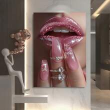 Enmarcado  en lienzo enmarcado 2D plano, 1 unidad, con labios rosas grandes y anillo de s. Arte abstracto glamuroso para pared con acabado . Decoración de lujo lista para colgar en la sala de estar, el dormitorio o la oficina. Regalo ideal para el Día de San Valentín, cumpleaños o Pascua (40 x 60 cm). - Enmarcado - Ver 4