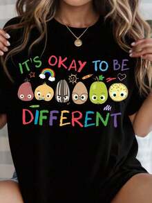 Women's Casual Short Sleeve Crew Neck T-Shirt, Unique T-Shirt, Autism Awareness T-Shirt, For Autism Teachers, High Quality Egg Design T-Shirt, Vibrant Color T-Shirt And Comfortable For Summer. - 黑色 - 查看 4