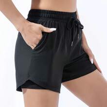 Pantalones cortos deportivos sueltos de cintura alta para mujer, pantalones deportivos antideslumbrantes de doble capa para yoga, correr, ropa de abrigo de entrenamiento de secado rápido - Morado oscuro - Ver 2