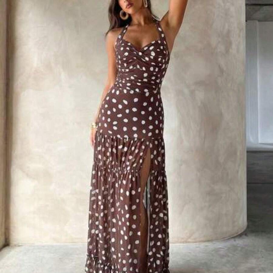 Asymmetrical Polka Dot Halter One Piece Swimsuit & Maxi Skirt Set For Women - Marrón - Ver 1