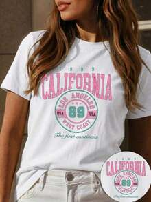 Nueva camiseta de manga corta con cuello redondo para mujeres, diseño estival, con un sencillo y moderno estampado de letras, transpirable y absorbe la sudoración.Envío exprés desde almacén local, modelo para parejas, ropa de pareja - Blanco - Ver 3