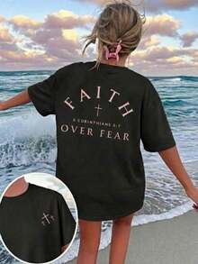 Women's "Faith Over Fear" T-Shirt With Bible Verse, Regular Fit, Christian Inspirational Graphic T-Shirt, Comfortable, Casual Short Sleeve 2026, Round Neck, Faith Clothing For Summer - 黑色 2 - 查看 5
