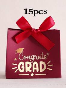 15 piezas Caja de regalo con estampado de oro para la temporada de graduación, diseño de estampado de oro "Congrats Grad", fondo blanco con patrón dorado para celebración de recuerdo, empaque de favor de fiesta con lazo, bolsa conmemorativa con textura metálica, decoración de ambiente festivo - Ver 13