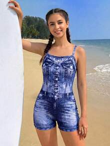 Mädchen Sommer Jeans-Optik Jumpsuit, Slim Fit Hoher Stretch Träger Modischer Jumpsuit für Mädchen - Violett - Übersicht 3