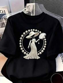 Fashionable Printed Regular Fit Clothing, New Spring/Summer 2026 Collection, Elegant, Lightweight Luxury, And High-End. Women's Printed T-Shirt - Adorned With Pearls And Crystals, With An Exquisite Lightweight Luxury Design, Perfect For Everyday Casual Wear, Round Neck And Short Sleeves For Spring And Summer In White - 黑色 - 查看 6