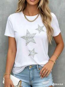 Women's Casual T-Shirt With Sparkling Star Print, Short Sleeve Summer T-Shirt For Everyday Wear, Loose And Comfortable T-Shirt, Unisex Urban Vintage Style, Short Sleeve Cotton T-Shirt With Round Neck - 白色 - 查看 3