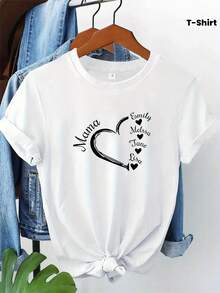 Modern, Casual Women's T-Shirt, Perfect For Parties And Lounging At Home. 100% Cotton, Relaxed Fit. Personalized Heart-Shaped Name T-Shirt, Custom Name T-Shirt, Personalized Gift For Mom, Printed Name T-Shirt, Mother's Day Gift, Grandma Gift, Valentine's Day T-Shirt, Heart T-Shirt, 100% Cotton - 白色 - 查看 6