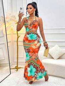 Women's Sexy Wavy Pattern Print Deep V Neck Ruched Waist Spaghetti Strap Lace Bodycon Vacation/Party Dress (Random Floral Print) Elegant Summer - 棕色 - 查看 5