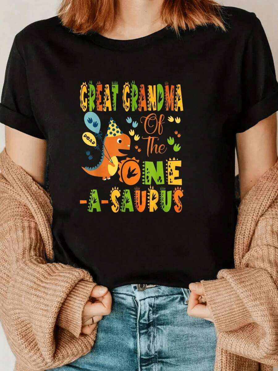 1 Piece Women's Crew Neck T-Shirt With Dinosaur Theme "Typical Tyrannosaurus Grandma", Funny Gift For Grandma's Birthday Party, 180g 100% Cotton - 黑色 - 查看 1
