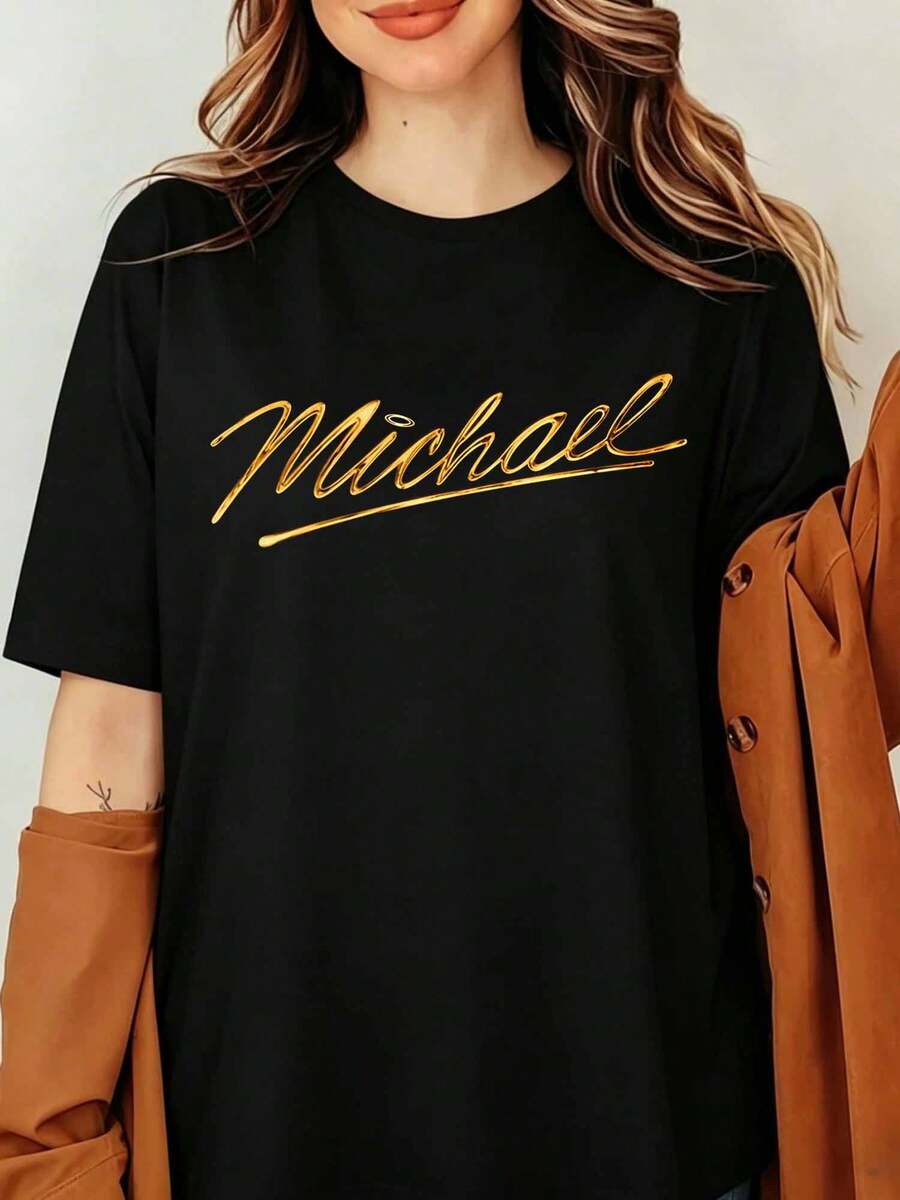 T-shirt graphique rétro Michaels Jacksons << King of Pop », collection 2026 pour les fans du film, imprimé lettres dorées métallisées, style vintage années 90, unisexe, oversize, noir. - Noir - Voir 1