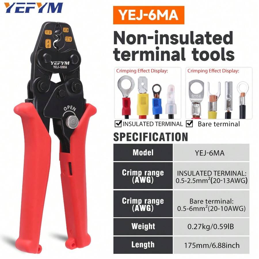 Kìm bấm đầu nối cách điện và không cách điện, dụng cụ bấm đầu nối đa năng có cơ chế bánh cóc YEJ-6MA
