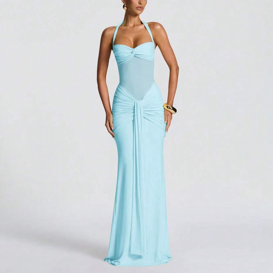 Sexy Spaghetti Strap Backless Waist Cinched High Slit Dress, Mesh Patchwork Vacation Party Dress Women's Fishtail Slim Fit Slip Dress Elegant Long Prom Dress For Spring & Summer - 淺藍色 - 查看 1