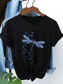 Camiseta de manga corta para mujer, 100% algodón, con estampado de libélulas y flores, versátil, fácil de cuidar, estilo casual y moderno, adecuada para el uso diario. 180g 100% algodón. - Blanco - Ver 11