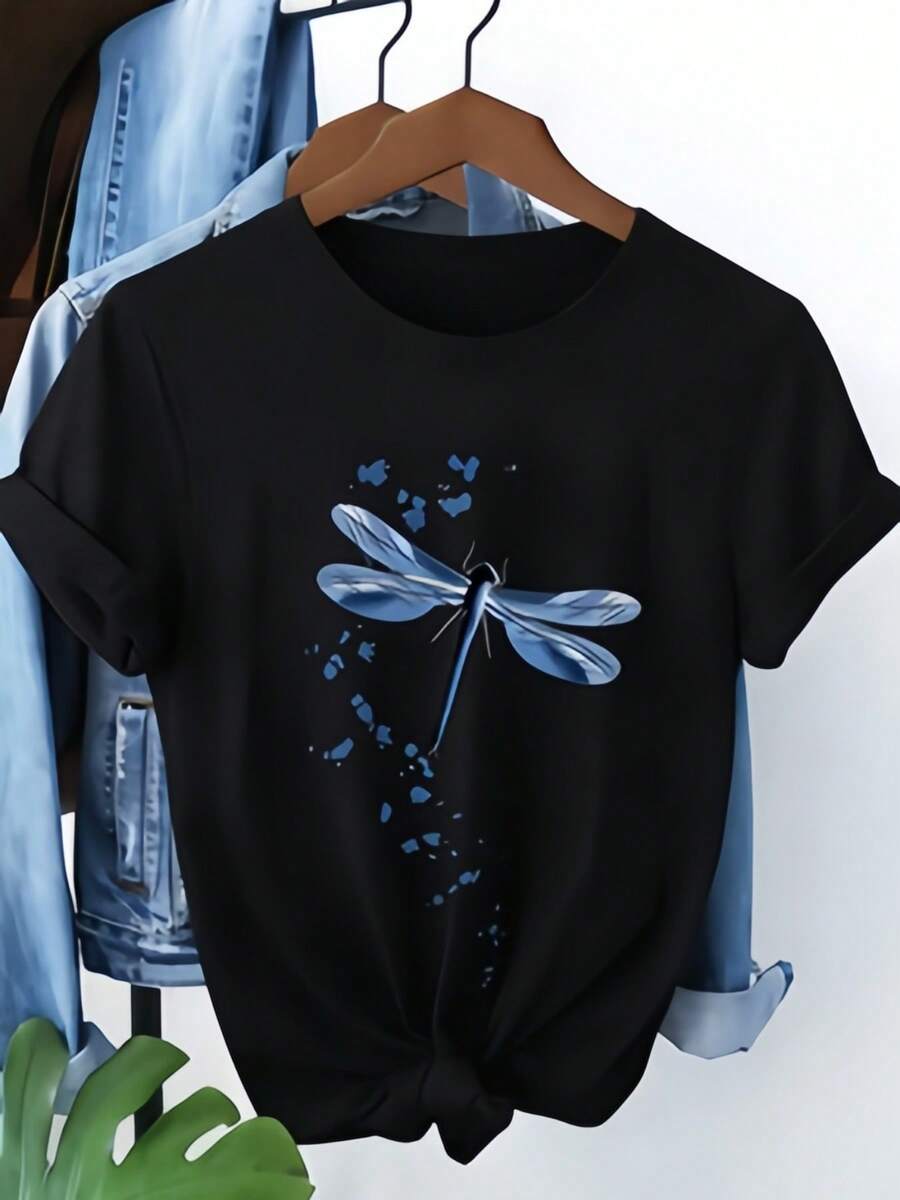Camiseta de manga corta para mujer, de puro algodón, con estampado de libélulas y flores, versátil, fácil de cuidar, estilo casual y moderno, adecuada para el uso diario. - Negro - Ver 1