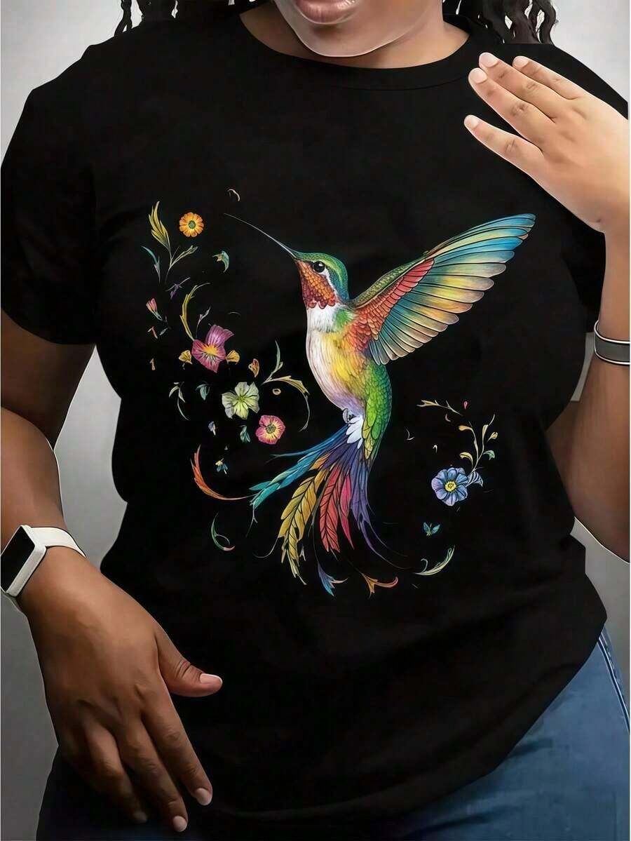 Women's Casual Cotton Short-Sleeved Round Neck T-Shirt With Colorful Hummingbird Print, Loose Fit Retro Tee. - Back - View 1