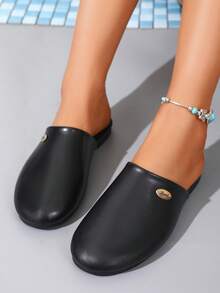 Vintage Rivet Backless Mules Women Shoes, Flat Slip-On Punk Style Comfortable Versatile Outdoor Slippers - Black - View 6