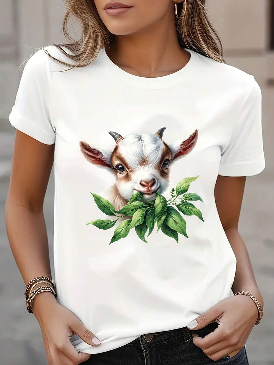 Camiseta de manga corta de verano para mujer con estampado de cabra Cuello redondo y manga corta Superior de poliéster Mezcla de ropa de verano de estilo casual Camiseta de ajuste cómodo