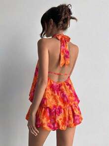 KIMW  Vestido casual de verano para mujer con cuello halter, unicolor y volantes en el bajo - Naranja 2 - Ver 10