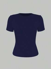 de manga corta y cuello redondo, blanca y sólida, ajustada y deportiva, para mujer, verano, modelo 2025 - azul real - Ver 4